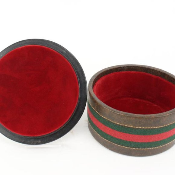 Gucci Ultra Rare Brown Leather Web Round Box Case Jar Boite 71g411s - Picture 3 of 12